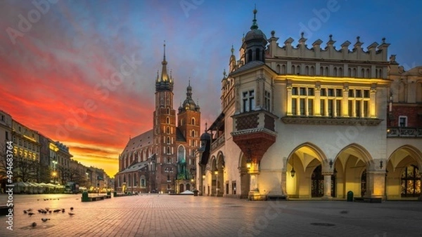 Fototapeta Rynek Główny i Kościół Mariacki w Krakowie o poranku