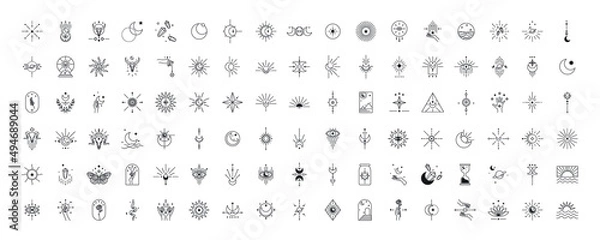 Fototapeta set of witch and magic collection. boho symbols in tarot card design style. mystical and fantasy in monoline vector illustration