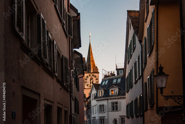 Fototapeta St. Peter is one of the four main churches of the old town of Zurich, Switzerland. Zurich old City. Kirche St. Peter. Switzerland,  the Swiss Confederation