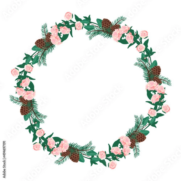 Fototapeta Round wreath of pink peony flowers with spruce needles and cones. Spring flowering composition or frame with leaves. Festive decoration for wedding, holiday and postcard. Vector illustration