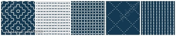 Fototapeta Japanese sashiko embroidery seamless pattern set. Navy and off-white vector repeat designs for textile, wrapping or poster background. Traditional geometric stitching ornaments.
