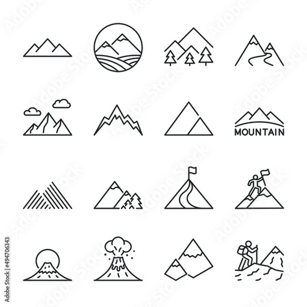 Obraz Mountain icons set. mountains of various shapes, icon collection. Line with editable stroke