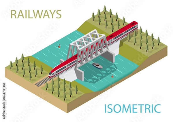 Obraz Infographic Railway bridge with passenger train over the river isometric elements design icon set vector graphic illustration