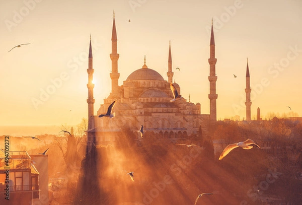 Obraz Blue Mosque (Sultanahmet Camii) at sunset. Istanbul, Turkey. Seagulls on the background of sunset. The landmark of Istanbul.
