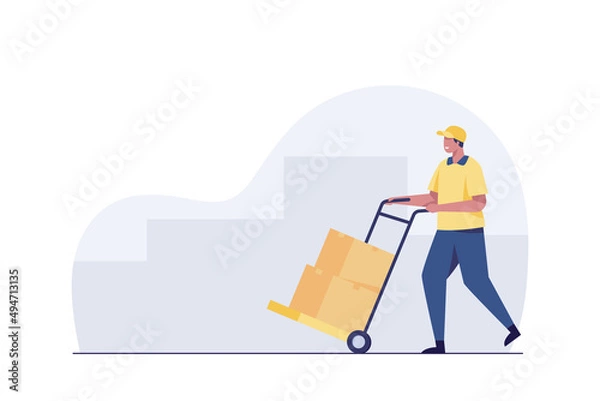 Fototapeta delivery man rolling cardboard box cargo trolley pushcart.
