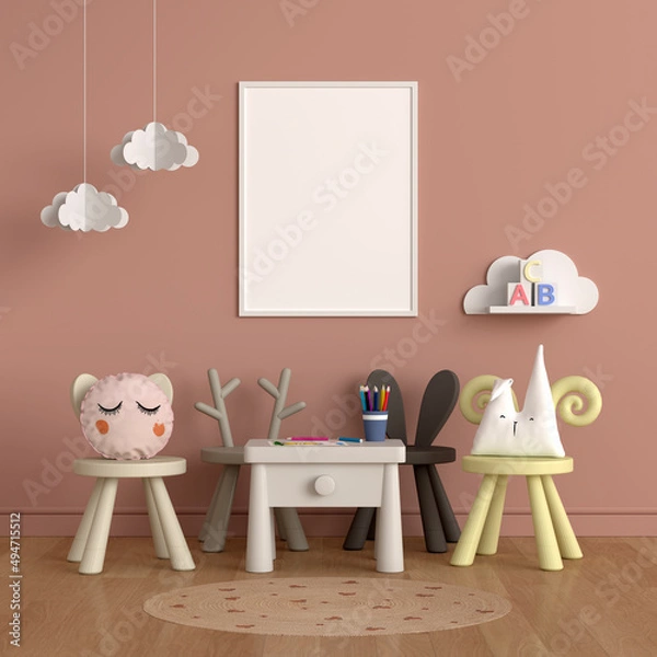 Fototapeta Blank photo frame for mockup in child room, 3D rendering