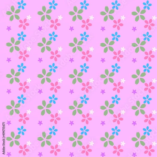 Fototapeta 薄紫地にピンクや緑や青などの桜のシルエットのシームレスパターン