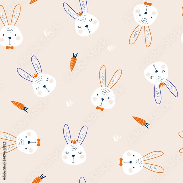 Fototapeta Seamless pattern with cute rabbit. Vector Illustration