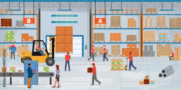 Fototapeta Warehouse inside, warehouse workers work in the warehouse. Workers arrange parcels on pallet and shelves.