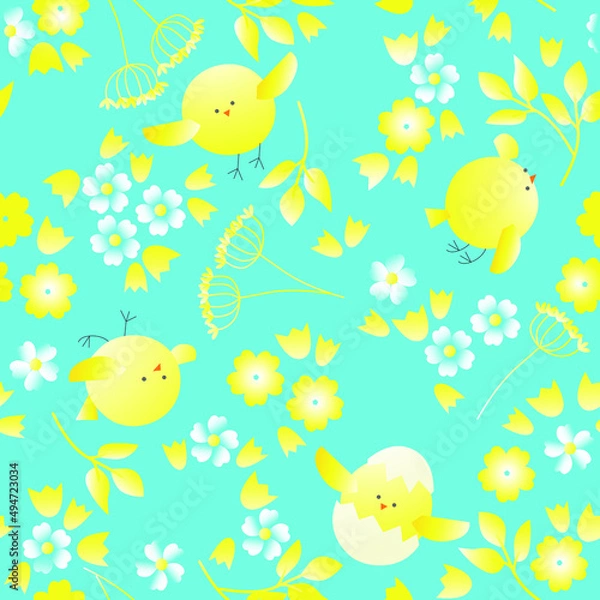 Obraz Vector illustration, seamless pattern with chicks and flowers, in yellow blue colors on a blue background