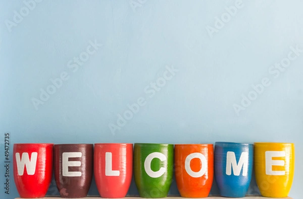Obraz Welcome word on vase background blue sky wall