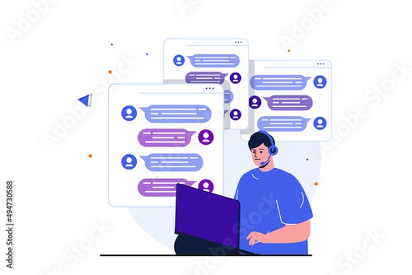 Fototapeta Virtual assistant modern flat concept for web banner design. Man in headset chats with client in messenger, helps to solve problem and gives advice. Illustration with isolated people scene
