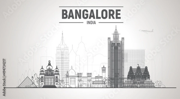 Fototapeta Bangalore( India ) skyline with panorama in white background. Vector Illustration. Business travel and tourism concept with modern buildings. Image for presentation, banner, web site.