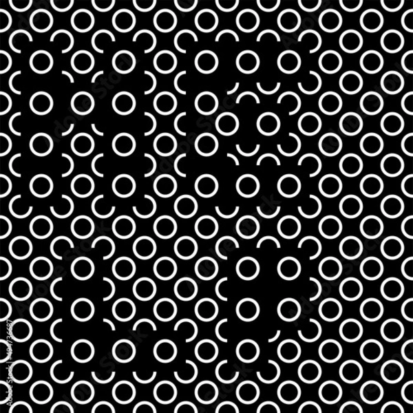 Fototapeta Vector illustration. Geometric seamless pattern. Contour circle and semicircle in the form of a rhombus. Spotted black - white background. Simple abstract background with polka dots.