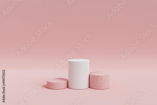 Obraz Three cylinder, podiums, pedestal in soft pastel colors. Geometric shapes composition with empty space for product design show. Minimalistic banner background. 3D render, 3D Illustration.
