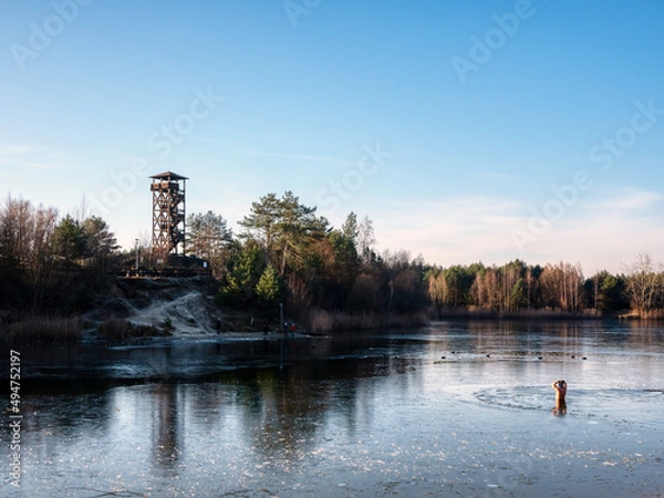 Obraz Alone man swimming in cold water.