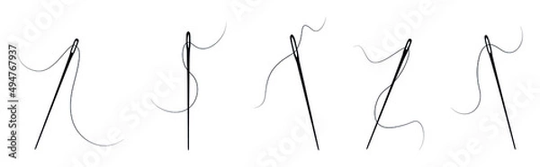 Obraz Set of sewing needles with thread isolated of an white background. Needles and thread icon in different styles.Vector illustration