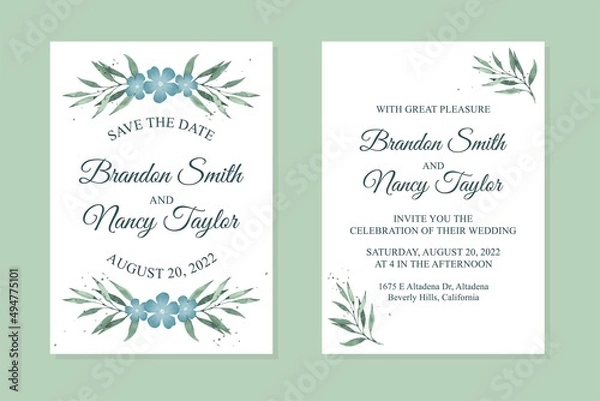 Fototapeta Rustic wedding invitation watercolor vector illustration