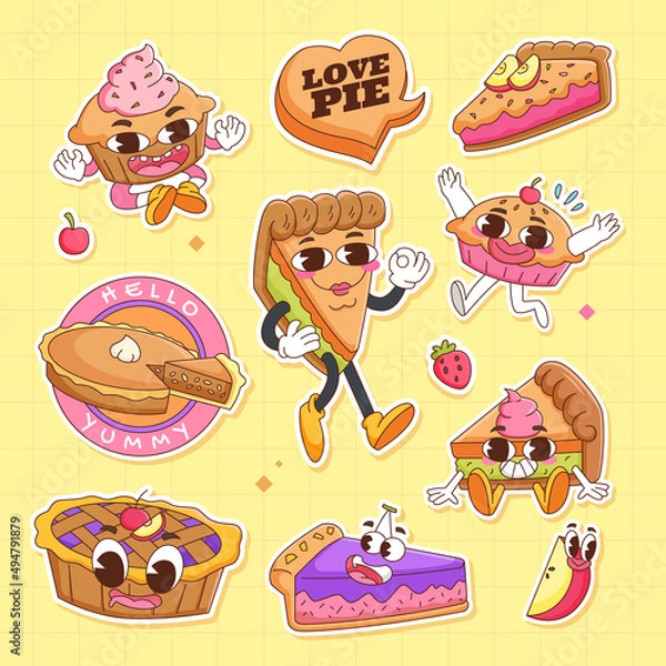 Obraz Line Art chunky Hippie Retro hippie stickers, psychedelic groovy set bundle elements. Cute vintage icons Sticker Label in 70s, 80s, 90s style. Flat vector illustration, Pie pancake design templates.
