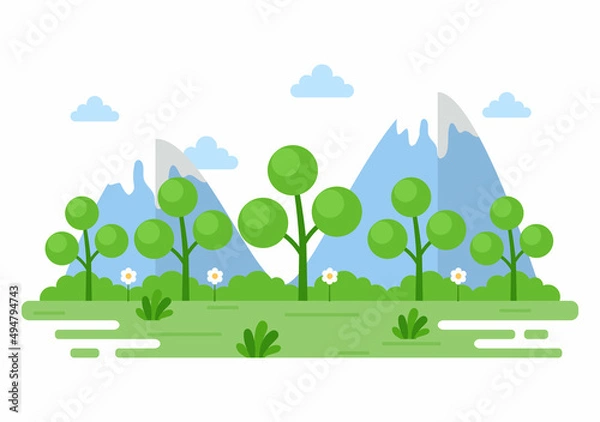 Obraz Nature and Landscape Unique of Trees, Forest, Mountains, Flowers or Plants in Spring and Summer Background in Abstract Different Shapes Flat Style Illustration