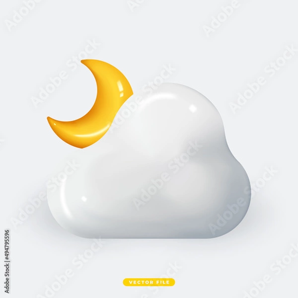 Fototapeta Cloud with Crescent Moon 3D Realistic Weather Icon Isolated Vector Illustration. Realistic 3D icon design