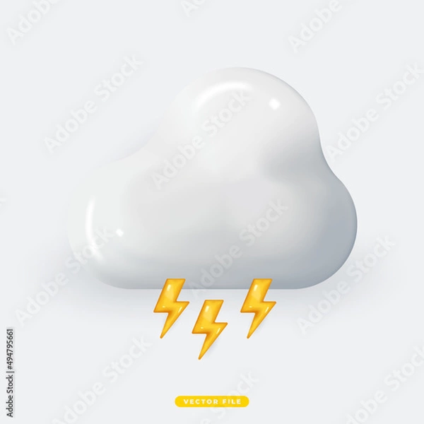Fototapeta Cloud with Lightning 3D Realistic Weather Icon Isolated Vector Illustration. Realistic 3D icon design