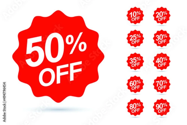 Fototapeta Sale tag speech bubble red shape with different discount set. 10, 20, 25, 30, 35, 40, 50, 60, 70, 80 and 90 percent price clearance sticker badge banner label vector illustration isolated. EPS 10.