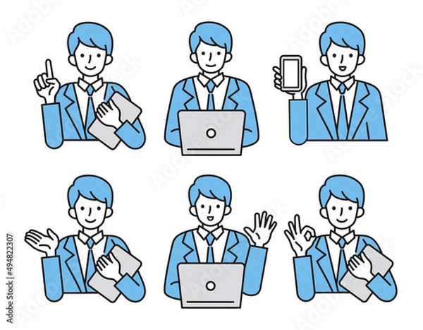 Fototapeta 働く男性の様々なイラストセット. ビジネスのコンセプトデザイン. 白背景にベクター素材.