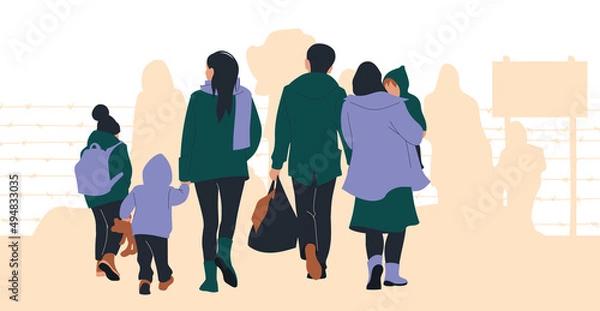Obraz Refugees. People are being evacuated from the war zone. Women, children, old people go with their things. Vector image.