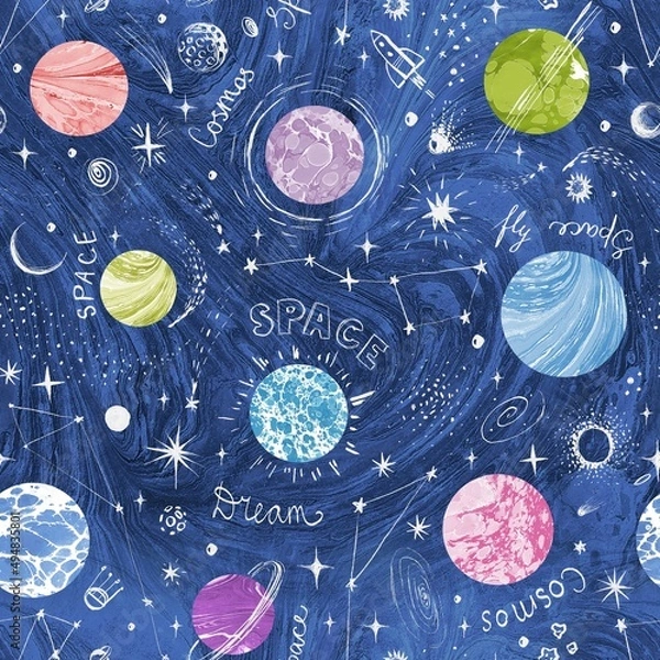 Fototapeta Cosmos hand drawn seamless pattern. Cartoon stars, rockets, planets, comets on a blue background. Childish wallpaper, textile, texture design. Stock illustration.
