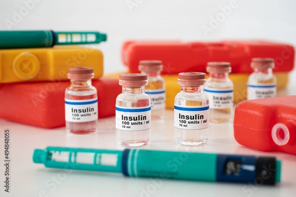 Fototapeta Insulin ampoules and insulin syringe with cold packs against a white background: properly cooling and storing insulin. 
