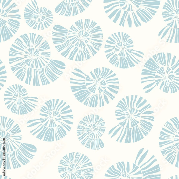 Obraz Sea shells and fossils vector seamless pattern. Summer beach hand-drawn doodle seaside print. Ocean fashion textile monochrome blue and white colors. Seashore elements design for fabrics, wallpaper
