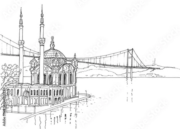 Fototapeta The Bosphorus with a mosque and a bridge is drawn with a black line on a white background with space for text for tourism design. Turkey, Istanbul, graphic art.