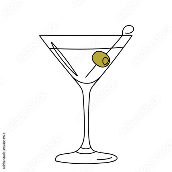 Obraz Glass of martini with olive in doodle style. Vector illustration.