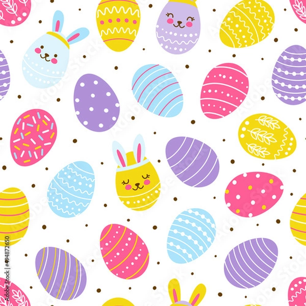 Obraz Seamless pattern with cute decorated eggs- cartoon background for happy Easter design 4