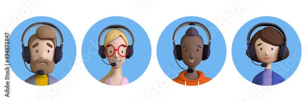 Fototapeta Call center agents avatars collection set. Call center, customer support, telemarketing agents. 3D render style cartoon portraits set.	
