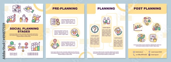 Fototapeta Social planning stages brochure template. Society changes. Leaflet design with linear icons. 4 vector layouts for presentation, annual reports. Arial-Black, Myriad Pro-Regular fonts used