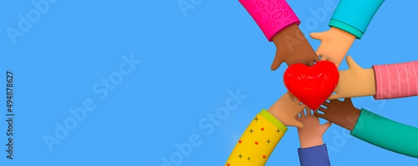 Obraz Hands with heart, friendship hands, different people hands, intercultural communication, interethnic relations, politics of difference. Trendy 3d illustration on blue background