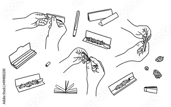 Obraz Vector set with hands rolling weed joint, rolling paper, filters and buds of marijuana 
