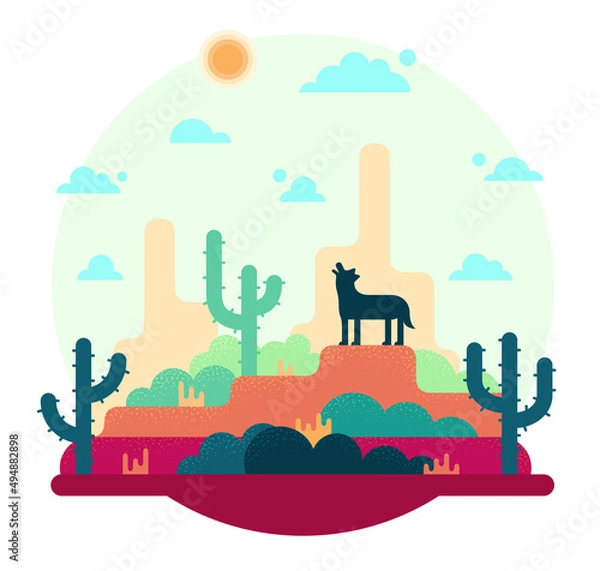 Fototapeta Desert, wolf, cactus - Vector cartoon Illustration in flat stile. Game design style