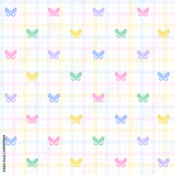 Fototapeta Pastel Rainbow Cute Beautiful Butterfly Scott Plaid Tartan Checkered Gingham Pattern Square Background Vector Cartoon Illustration Tablecloth, Picnic mat wrap paper, Mat, Fabric, Textile, Scarf.