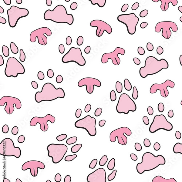 Fototapeta Seamless background of cat noses and paw prints. Cute animal vector pattern on a white background. 