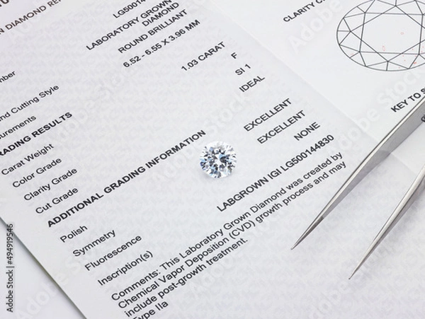 Fototapeta Laboratory Grown Diamond Photographed with Tweezers on Diamond Grading Report