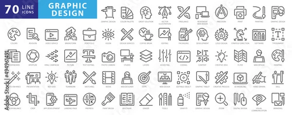 Fototapeta Set of thin line icons of graphic design. Simple linear icons in a modern style flat, Creative Process. Graphic design, creative package, stationary, software and more