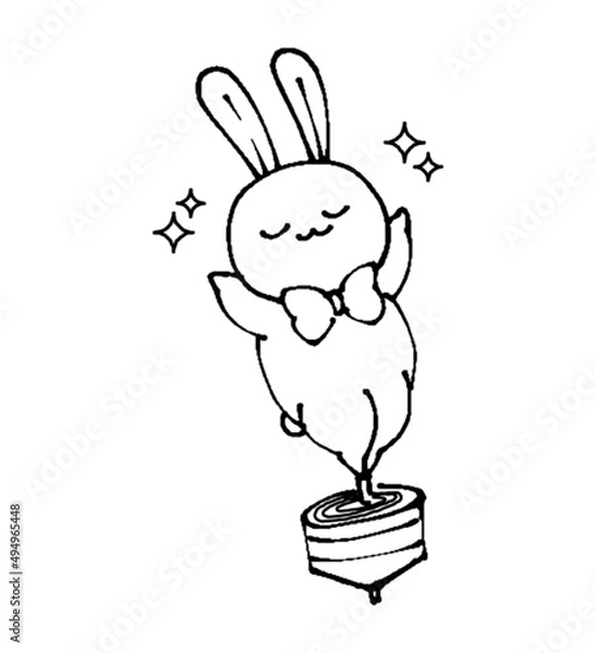 Fototapeta ゆるかわいいデフォルメうさぎの線画イラスト　独楽（コマ回し）