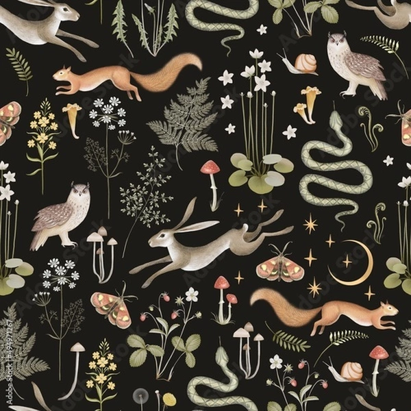 Fototapeta Fairy forest seamless pattern. Moon, stars, hare, squirrel, owl, flowers and mushrooms on a black background. Stock illustration.