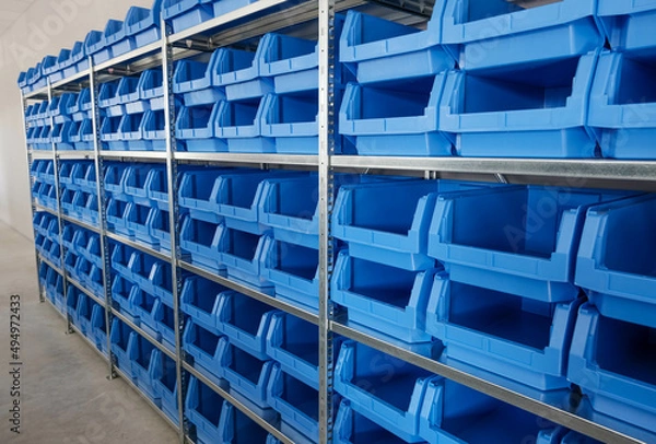 Fototapeta Tool Storage Box and Tool Chests Protective cases for tools and devices. blue plastic Storage boxes on Shelf for accessories or tools set in home office or garage
