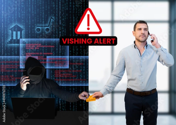 Fototapeta Vishing scam. A man talks to a hacker on the phone while the swindler steals his bank details
