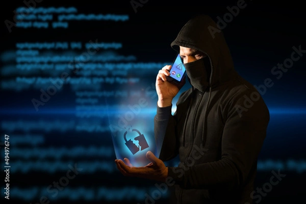 Fototapeta Scammer telephoning his victims while holding a broken padlock in his hand symbolizing breached security. Concept of vishing