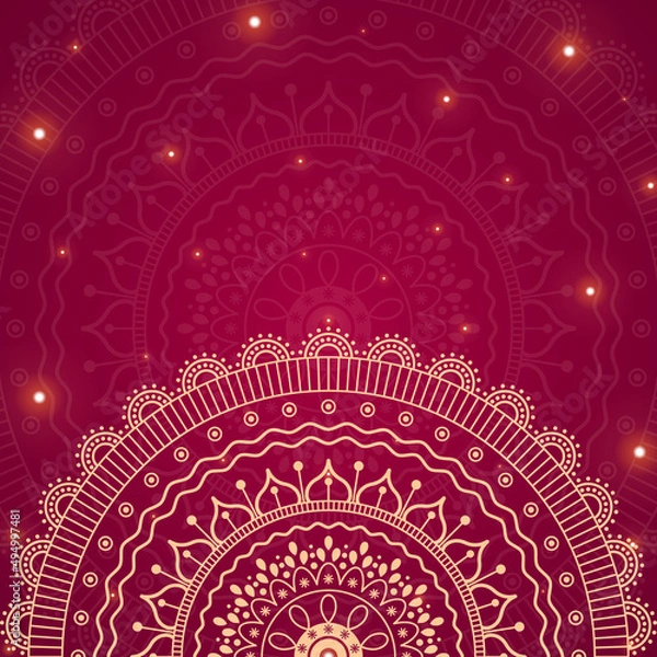 Fototapeta Ornamental mandala on red background with lights square banner template.